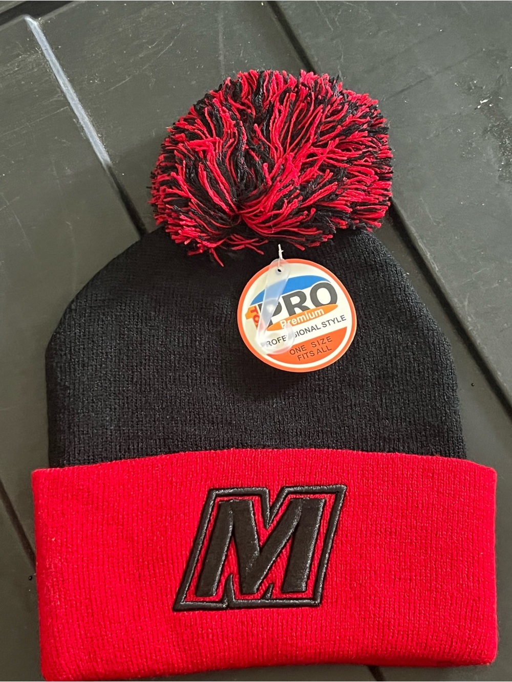 Mens  Two-Tone Pom Beanie Hat with 'M' Patch - Black & Red